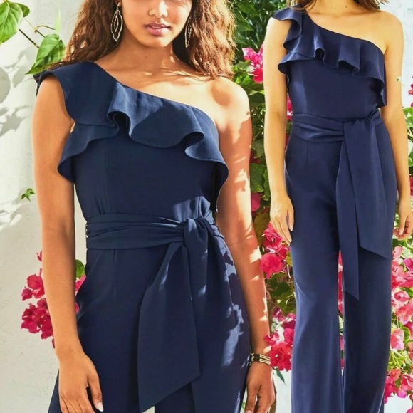 Lilly Pulitzer Pants - Lilly Pulitzer Navy Blue Lyra One Shoulder Ruffle Jumpsuit size 4
